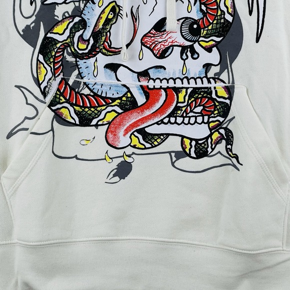 NWT Ed Hardy Men's Battle Skull Ivory Hoodie Sweatshirt Size XL Pullover - Picture 11 of 15